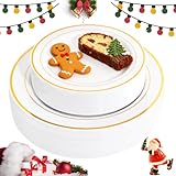 FLOWERCAT 60PCS Gold Plastic Plates - Heavy Duty White and Gold Plastic Plates Disposable for New Year/Christmas Party/Wedding - Include 30PCS 10.25