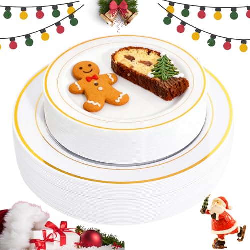 FLOWERCAT 60PCS Gold Plastic Plates - Heavy Duty White and Gold Plastic Plates Disposable for New Year/Christmas Party/Wedding - Include 30PCS 10.25 FLOWERCAT 60PCS Gold Plastic Plates - Heavy Duty White and Gold Plastic Plates Disposable for New Year/Christmas Party/Wedding - Include 30PCS 10.25