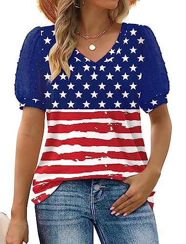 Image of Aokosor Womens Summer Tops V Neck T Shirts Swiss Dot Puff Sleeve Tops Loose Casual Tshirts