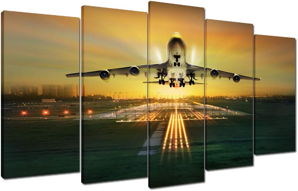 Sunset Airport Canves Print Picture for Living Room or Office Decoration Stretched XLarge 5 Panels Painting Wall Art Print on Yellow Canvas- High Definition Modern Home Decor
