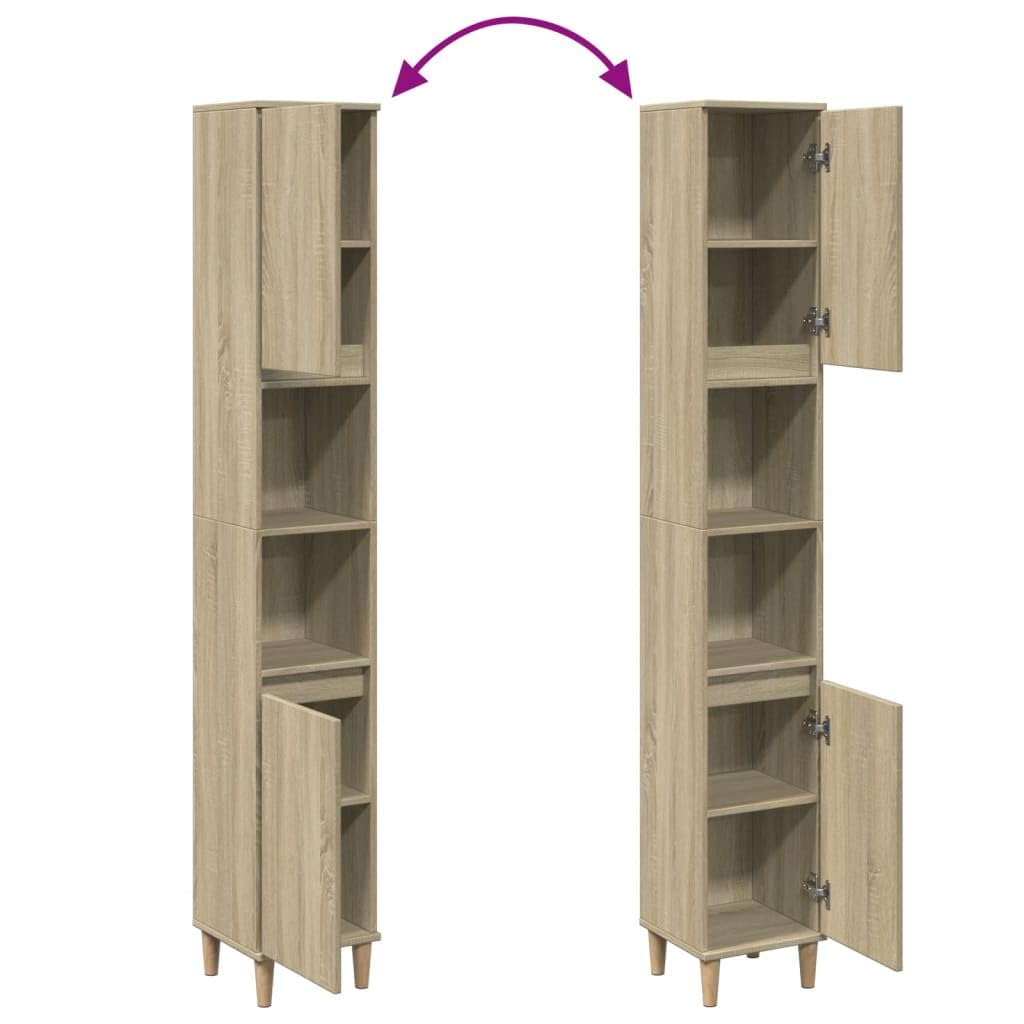 Armoire de salle de bain en chêne Sonoma - 30 x 30 x 190 cm - Armoire de salle de bain avec 2 portes - Espace de rangement et étagère pour lavabo - Meuble de rangement pour les toilettes