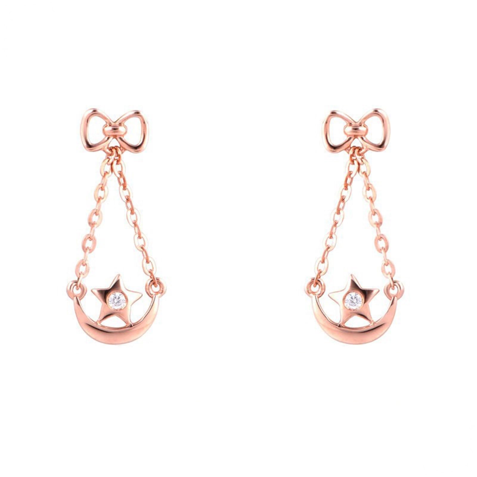 Stilvolle Ohrringe für Damen, Schleife aus 9-karätigem/18-karätigem Gold, Mond und Stern mit Kette und runden Diamant-/Moissanit-Ohrsteckern