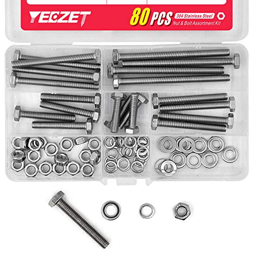 20Set M6 Vis tête hexagonale en acier inoxydable Bouchons et écrous plats & Kit d'assortiment de rondelles de serrure, 304 Acier inoxydable 18-8,Fully Machine Fil 25mm 40mm 50mm 60mm 80mm