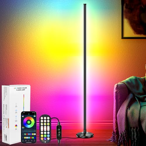 NIKYJM Lámpara de Pie LED, 145cm Lámpara de Pie Regulable RGB con Remoto y APP, RGB Luz de Esquina, 16 Millones de Colores Sincronización Musical y Temporizador para Dormitorio Sala de Juegos