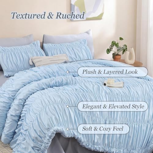 Image of weigelia Ruched Comforter Set Twin Size, 2 Piece Light Blue Ruffle Bedding Set with 1 Pillowcase, Soft Lightweight Polyester Comforter for Girls Room, Dorm, Boho Bed Set