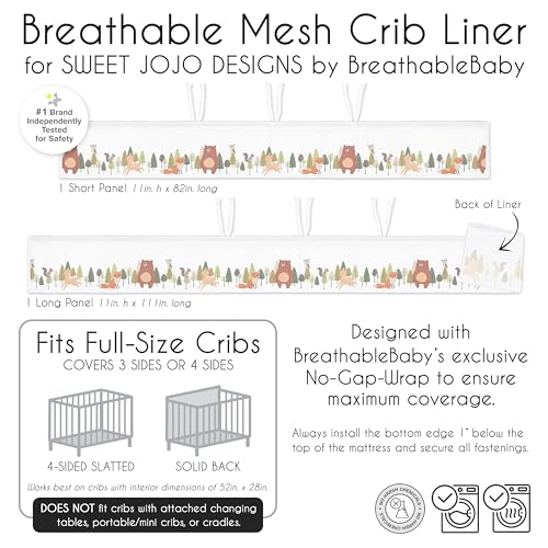 Image of Sweet Jojo Designs + BreathableBaby Woodland Animals Boy, Girl, Unisex /Gender Neutral Breathable Mesh Crib Liner Baby and Infant - Green, Watercolor, Forest Animal Friends, Bear, Deer, Woodsy Pals