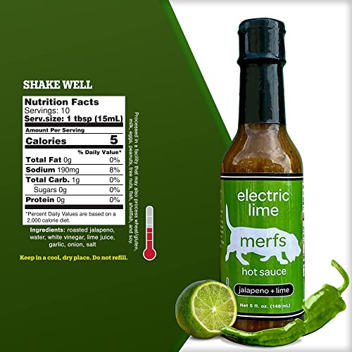 Merfs Condiments Electric Lime Green Jalapeno Hot Sauce With Jalapeno Peppers , Green Chiles And Lime (Medium). All Natural, Vegan, Sugar Free, Gluten Free, Paleo, Low Carb & Keto Friendly. For Breakfast Burritos, Eggs, & Snacks. 5 Fl Oz (Pack Of 12) #TOP3