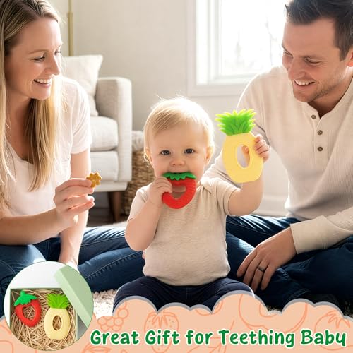Image of Silicone Teething Toy for Babies - 2Pcs Strawberry Grape Soft Sore Gums Pain Teether Infant Summer Fruit Themed Food Grade Teething Relief Chew Toy for Toddler Birthday Newborn 6-12 Months Baby Shower