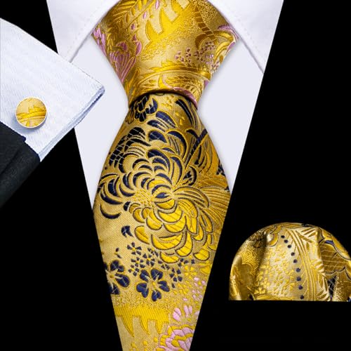 Image of Barry.Wang Flower Ties for Men Silk Woven Floral Tie Sets Necktie Handkerchief Cufflinks Wedding Party