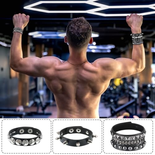 3 Pcs Punk Rock Studded Bracelets Set, Adjustable Leather Spiked Studded Bracelet Cuff Goth Bracelets, 80s Emo Bracelet for Men and Women Halloween Emo Accessories4