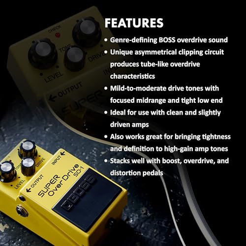 Image of Boss SD-1 Super OverDrive Pedal Bundle with Gearlux Power Supply, Instrument Cable, Patch Cable, and BOSS Picks