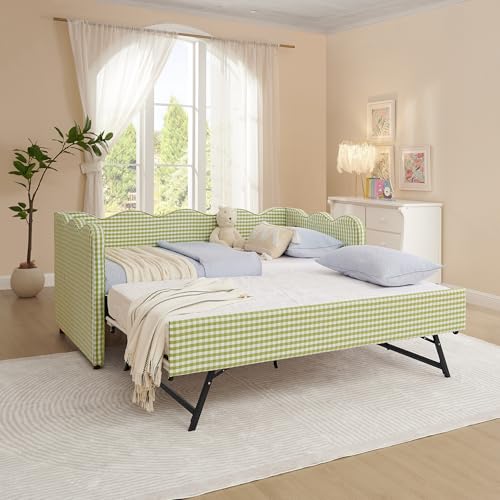 Image of KEIKI Twin Size Upholstery Daybed with Trundle and USB, Twin to King Design Adorable Wave Shaped Extendable Linen Sofa Bed, Easy Assembly, No Box Spring Required, for Living Room and Bedroom, Green