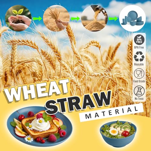 Image of Wheat Straw Dinnerware Sets, 32 PCS Dishes Set for 8, Unbreakable Lightweight Reusable Plates and Bowls Sets for Kitchen Outdoors RV Camping Patio, Dishwasher & Microwave Safe - Blue