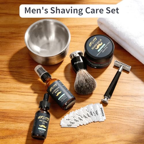 Rasier-Set für Männer, 7-in-1 Rasierpflege-Set mit Vorrasieröl, Rasiercreme, Aftershave-Balsam, 10,5cm Edelstahl Rasierschale, schwarzer Rasierpinsel, manuelle Rasierklinge + 10 Klingen