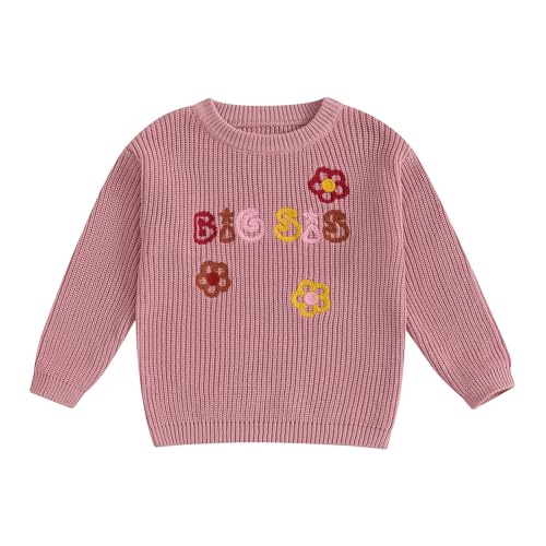 Toddler Girl Knit Sweater Cute Letter Embroidery Long Sleeve Round Neck Floral Pullover Kid Checkered Sweater