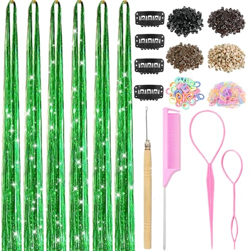 St Patricks Day Hair Accessories Hair Tinsel with Tools Fairy Hair Tinsel Kit for Girls 1800 Strands Extensions 48 Inch Heat Resistant Holographic Colored Hair Glitter Sparkle Party Festival (Green)