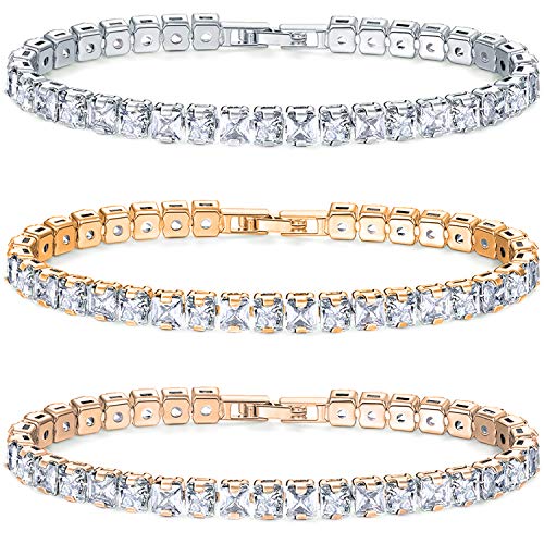 Savlano 3 Pack White, Yellow, Rose 14K Gold Plated Cubic Zirconia Princess Cut 3MM Classic Tennis Bracelet For Women