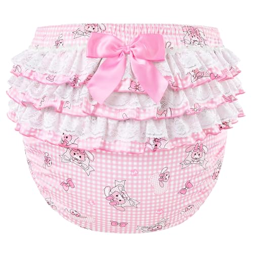 Littleforbig Silky Washable Reusable Waterproof Ruffled Lace Bow Bunnies & Bows Usagi Pattern Ruffle Adult Diaper Cover L