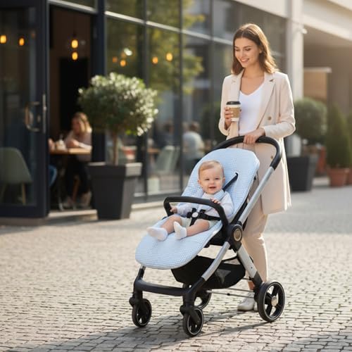 Miniatura 7 de Colchoneta Universal Para Silla De Paseo Funda Transpirable Y Acolchada Para Carro De Bebé, Ideal Para Verano Y Entretiempo, Compatible Con La Mayoría De Sillas, Fácil De Lavar Vichy Azul
