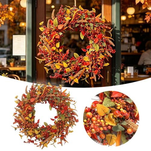 Wreaths for Front Door, 13 Inch Easy to Maintain Lightweight Versatile Realistic Red Berry Decorative Faux,Fade Resistant Weather Resistant Artificial Fall Wreath for Farmhouse Home Wall (Orange) - image 6
