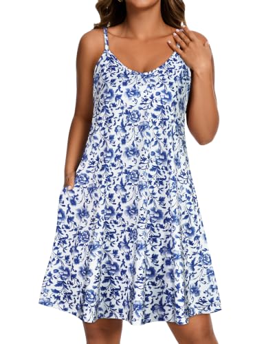 Image of Womens Spaghetti Strap Dress Summer Dresses Beach Pocket Casual Sundresses | 2026 Adjustable Spaghetti Straps Casual Beach Dress,Boho Sundress with Pockets ,Fashion V Neck Outfits,Beach Cover Ups