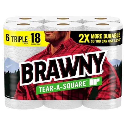 Brawny Tear-A-Square Paper Towels, 6 Triple Rolls = 18 Regular Rolls, 3 Sheet Sizes (Quarter, Half, Full), Strength for All Messes, Cleanups, and Meal Prep Cover