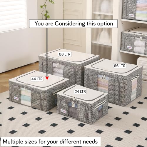 Image of HOKIPO Almirah Organizer Living Boxes | Cloth Storage Box with Top & Front Zipper | Moisture & Moth Resistant | Strong Metal Frame (Oxford Fabric) |44L, Pack of 1 Charcoal Grey (AR-5928-CGRY)