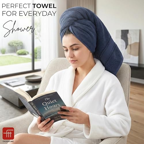 Image of 380 GSM 100% Cotton Highly Absorbent Light Weight Quick Dry Large Couple Bath Towel Set of 2 (Navy Blue)