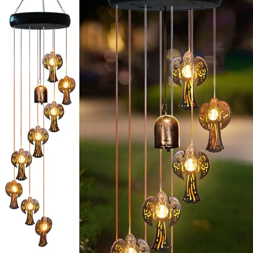 Solar Angel Wind Chimes Outdoor Solar 8 LED Angel Wind Chimes for Outside Hanging Lights Warm LED Outdoor Angel Decor Angel Gifts for Wife Mother Grandmom Christmas