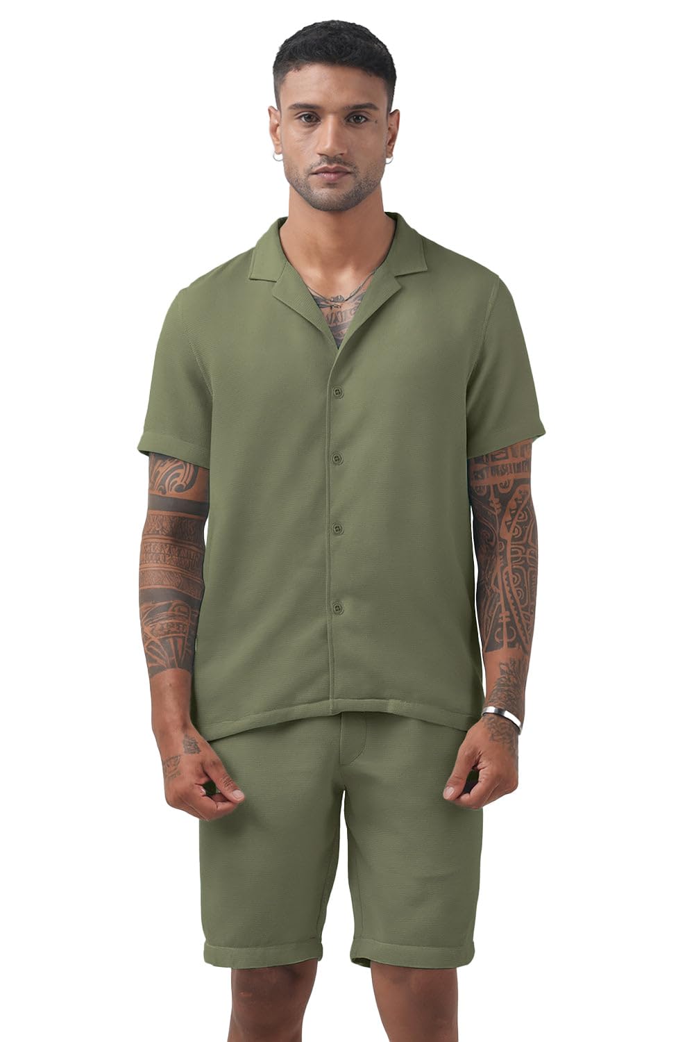 showoffff Men's Textured Green Cuban Collar Shirt & Shorts Co-ord Set-RONG-4780_Green-picture-33