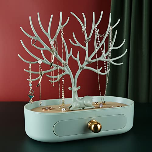 More&Less Antlers Jewelry Display Stand With Aluminium Alloy Handle, Tree Tower Rack Hanging Organizer For Ring Earrings Necklace Bracelet, Deer Horn Tree Stand With Storage Drawer And Tray #TOP7