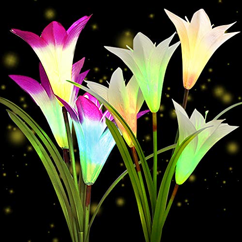 Solar Garden Stake Lights Outdoor,2 Pack Solar Powered Lights with 8 Lily Flower, Multi-Color Changing LED Solar Landscape Lighting Light For Decorating The Path, Yard, Lawn,Patio (White and Purple)