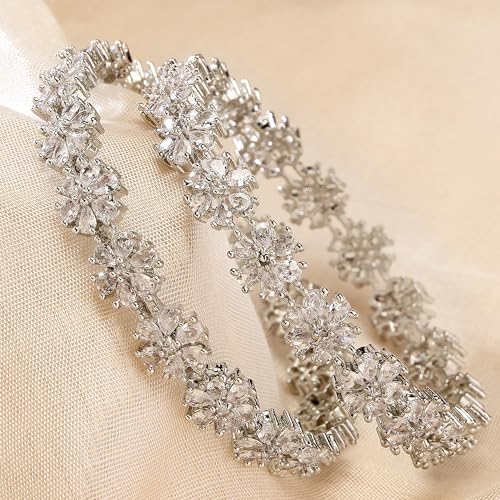 Image of ZENEME Rhodium-Plated Silver Toned White American Diamond Studded Bangle Set for Women and Girls