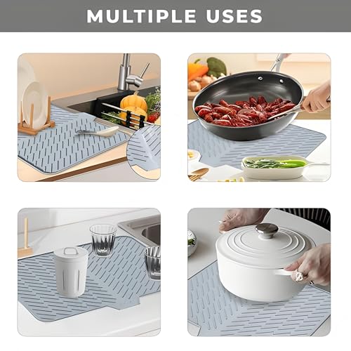 Image of Silicone Dish Drying Mat with Drain Lip (23x17 Inch, Grey) - Non-Slip Kitchen Counter Drying Pad, Heat Resistant Sink Mat, Waterproof Dish Drainer Tray, Easy Clean Surface Protector