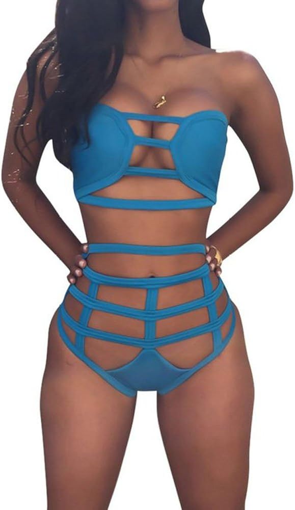 Yonala Women's Hollow Out Bandage Bodycon Bikini Set Swimsuit Swimwear Blue