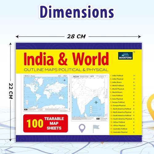 Image of India & World Map Book 100 Outline Maps Tearable Political and Physical Geography Practice Workbook for Boys & Girls children Early Learning Map Book | Outline World Maps Books