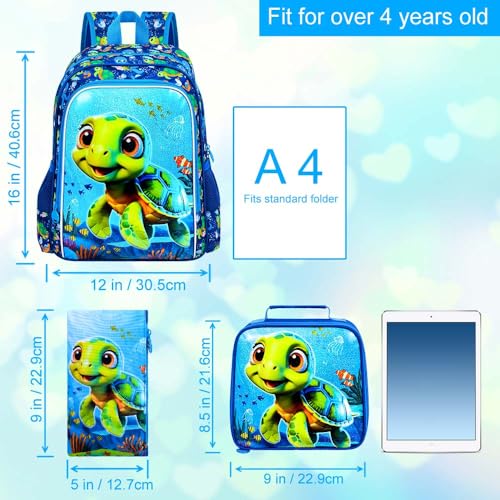 Image of 16 inch Kids Backpack for Boys, 3Pcs Tortoise Kindergarten Preschool Elementary Bookbag Set, School Backpacks with Lunch Box(Blue)