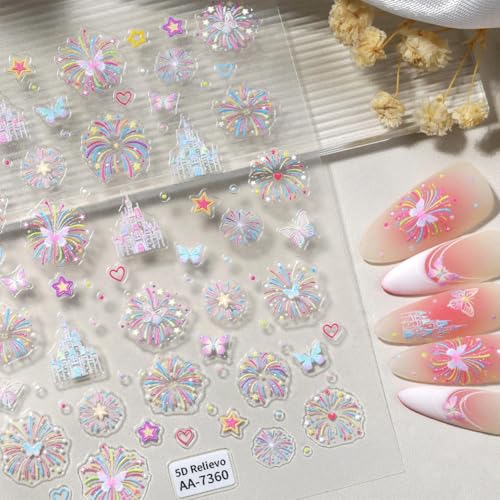Firework Nail Stickers Castle Nail Stickers for Nail Art 5D Embossed Nail Art Stickers Colorful Firework Nails Decals Star Nail Supplies Butterfly Nails Design for Women Decor Manicure Accessories
