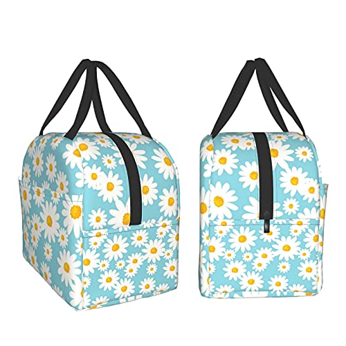 Insulated Lunch Bag For Women, Cooler Tote Reusable Lunch Box Container For Work Office Travel Picnic Daisy Flower Pattern On Blue #TOP3