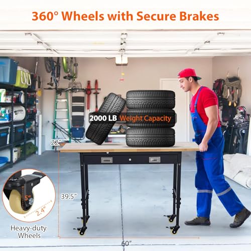 60" Work Bench, Heavy Duty Adjustable Height Table with Power Outlets, Portable Garage & Workshop Work Bench, 2000 LBS Capacity, Office, Home Use, Easy Assembly, Multipurpose Utility Table