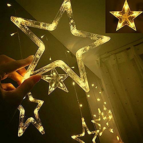 Image of X14 Store 10 Stars 138 LED Curtain String Lights, Window Lights with 8 Flashing Modes Decor for Christmas, Wedding, Party, Home, Patio Lawn, Warm White (138 - Star) (WR-15)