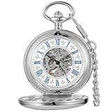 Alwesam Mechanical Self-Wind Pocket Watch Skeleton Roman Numerals Pocket Watches with Chain Father's Day Gifts