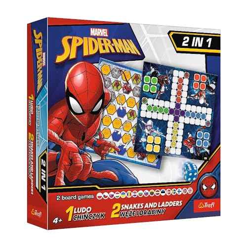Trefl - Ludo, Leiter und Schlange - Spider-Man - 2in1 Brettspiel für die Familie mit Marvel Superheroes, Doppelseitiges Brettspiel, Einfache Regeln, Klassisches Brettspiel für Erwachsene und Kinder ab