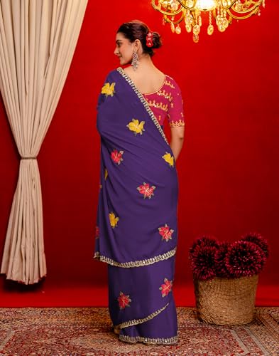 Image of SIRIL Women's Embroidery, Mirror Work, Scalloped Border Shimmer Georgette Saree With Unstitched Blouse Piece