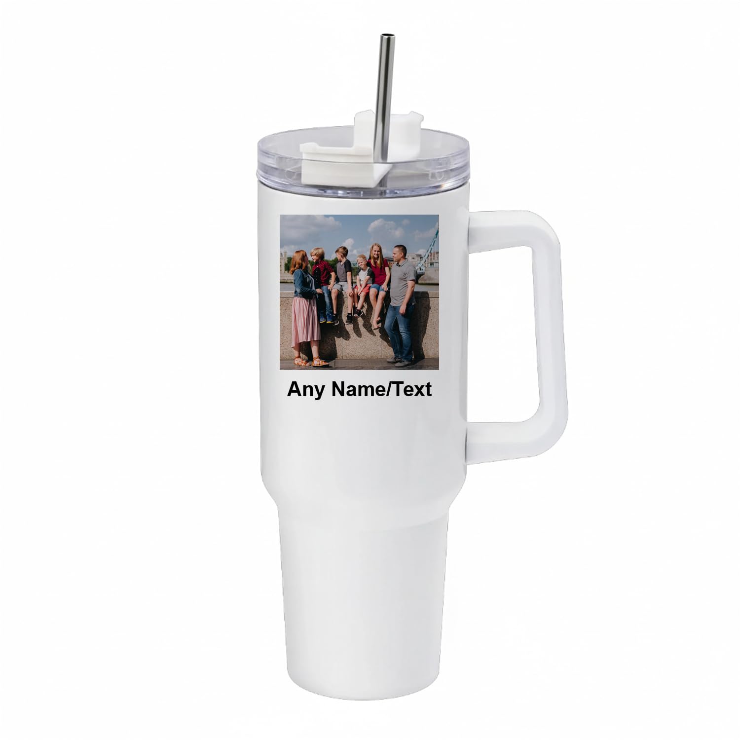 Giftme Personalised 40oz Travel Tumbler with Handle & Straw | Custom Name/Text with Your Own Photo | Stainless Steel Large Cup | Travel Water Bottle | Car Coffee Mug. (White)