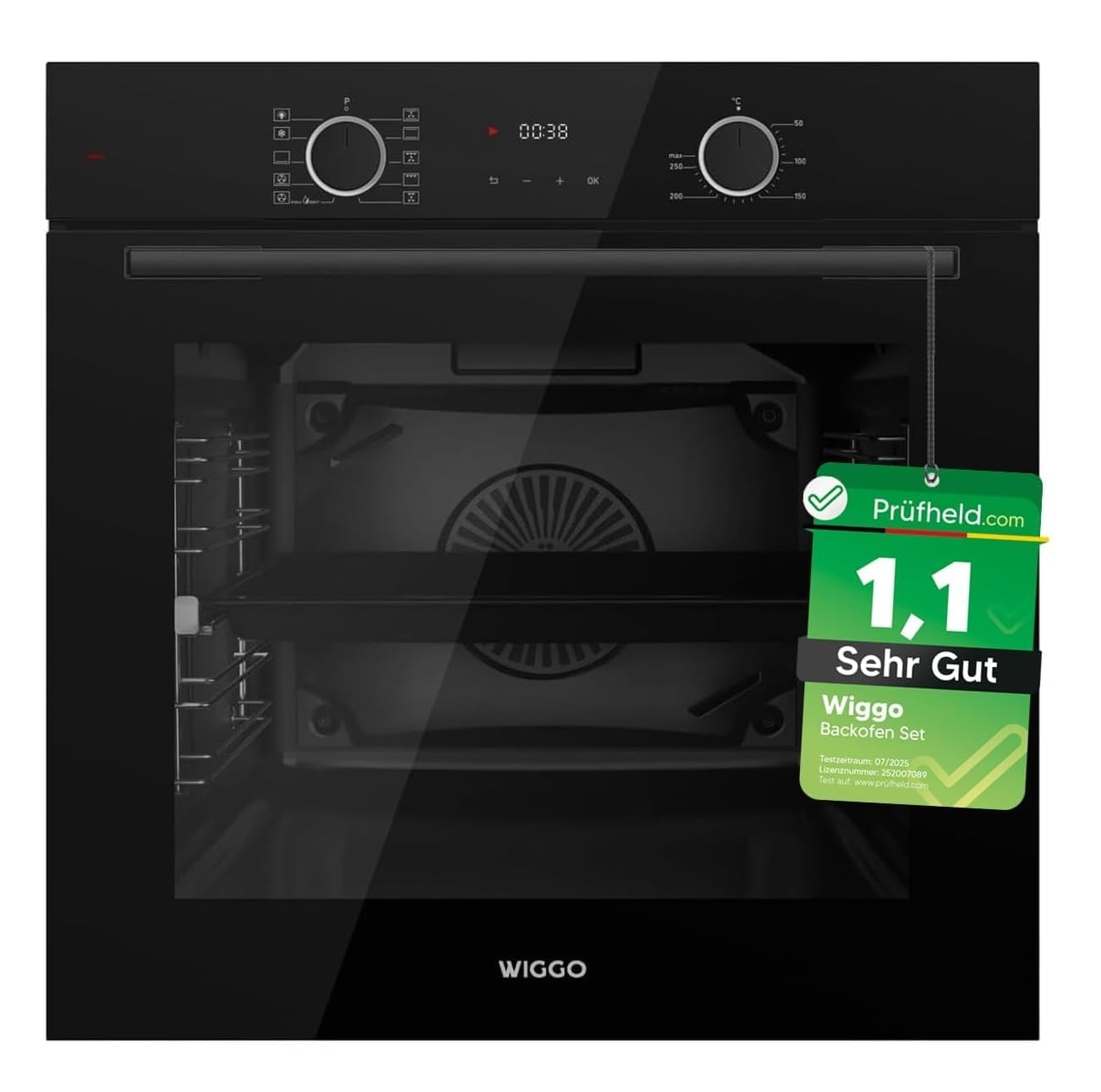 [ Test bardzo dobry, Note 1.1 *] WIGGO zestaw do piekarnika czarny 60 cm, 73 l z prowadnicami teleskopowymi i Airfry, samoczyszczący, 10 funkcji, miękki zamek, piekarnik do zabudowy, klasa A
