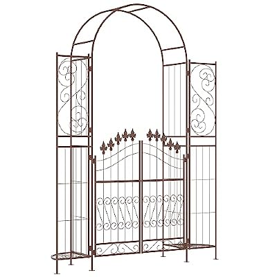 Outsunny 7' Metal Garden Arbor, Garden Arch with Gate, Fleur De Lis Motif, Latching Doors, Planter Shelves for Climbing Vines, Ceremony, Weddings, Party, Garden, Backyard, Lawn, Brown