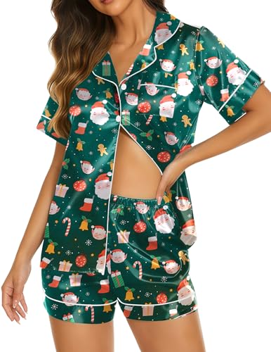Image of Ekouaer Silk Pajamas for Women Short Sleeve Sleepwear Soft Button Down Loungewear 2 Piece Satin Pjs Shorts Set