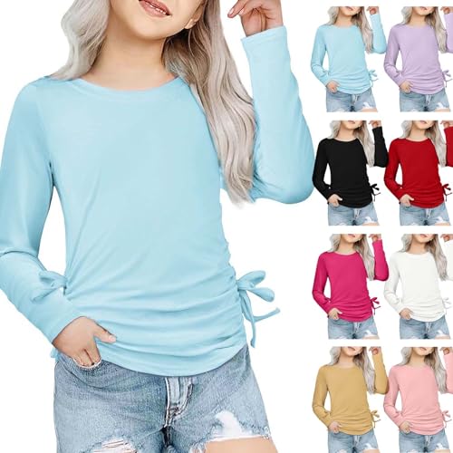 Kids Girls Long Sleeve Shirts Ruched Knot Side Tunic Blouse Tees Crewneck Solid Cute Tops Casual Soft Shirts Clothes