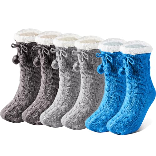 Foaincore 3 Pair Kids Slipper Socks Girls Boys Fluffy Socks with Grips Non Slip Winter Fluffy Warm